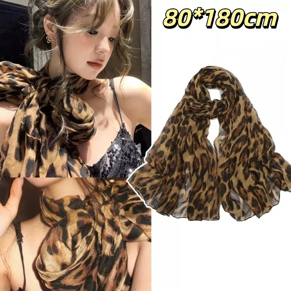 Face Scarf Mask - 新しいソフトレオパードプリントスカーフ、薄手の生地、トレンディなボイルストール、ラップ、ビッグサイズ、エレガントなヘッドバンド、ネックスカーフ、女性ファッション